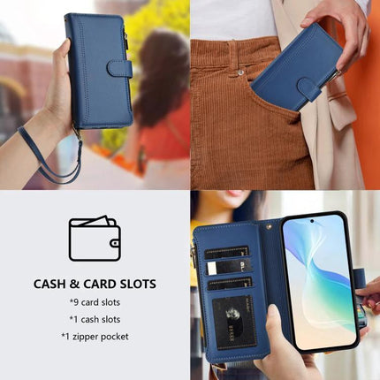 Magnetic Closure Leather 9 Card Slots With Hand Strap For Samsung Galaxy S26 5G blue wallet case showing hand strap, 9 card slots and phone fit