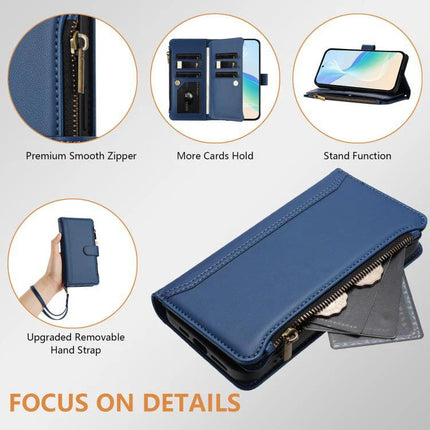 Magnetic Closure Leather 9 Card Slots With Hand Strap For Samsung Galaxy S26 5G blue PU wallet case with zipper, stand function and removable hand strap