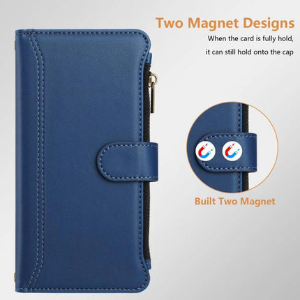 Magnetic Closure Leather 9 Card Slots With Hand Strap For Samsung Galaxy S26 5G – blue PU wallet case with zipper, magnetic strap and nine card slots