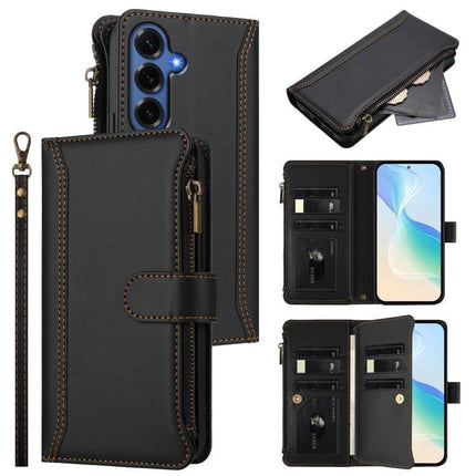 Magnetic Closure Leather 9 Card Slots With Hand Strap For Samsung Galaxy S26 5G black PU wallet case with zipper pocket and wrist strap