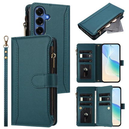 Magnetic Closure Leather 9 Card Slots With Hand Strap For Samsung Galaxy S26 5G teal wallet case with zipper pocket, wrist strap, and TPU phone liner