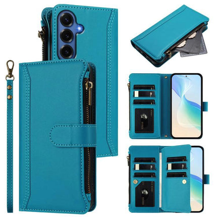 Magnetic Closure Leather 9 Card Slots With Hand Strap For Samsung Galaxy S26 5G teal wallet case with zipper pocket, strap, and interior card slots