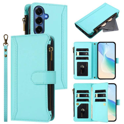 Magnetic Closure Leather 9 Card Slots With Hand Strap For Samsung Galaxy S26 5G - turquoise PU wallet case with zipper pocket and detachable wrist strap