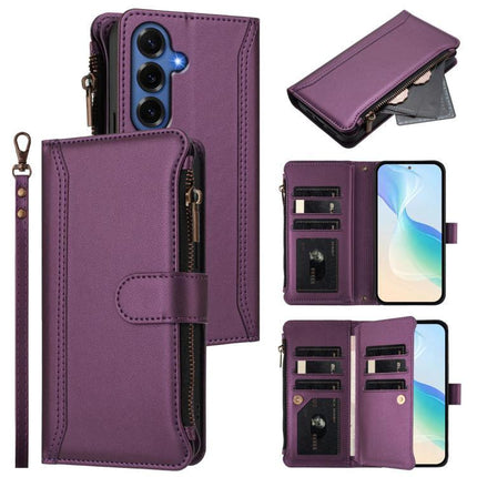 Magnetic Closure Leather 9 Card Slots With Hand Strap For Samsung Galaxy S26 5G purple wallet case with zipper pocket and wrist strap