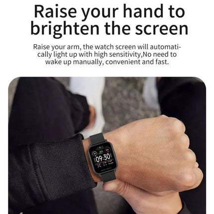 Smart Watch for Everyday Health and Activity Tracking - person raising wrist to auto-brighten screen, showing step and heart-rate display on smartwatch