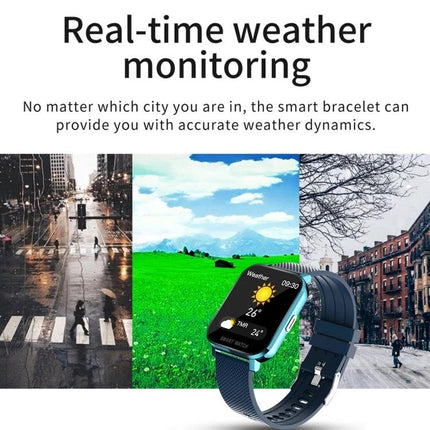Smart Watch for Everyday Health and Activity Tracking - wrist smartwatch showing real-time weather, heart rate and step tracking on a city and countryside background