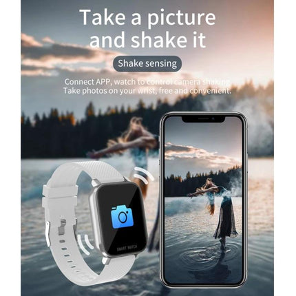 Smart Watch for Everyday Health and Activity Tracking showing shake-to-take-photo feature with watch and phone by a lake