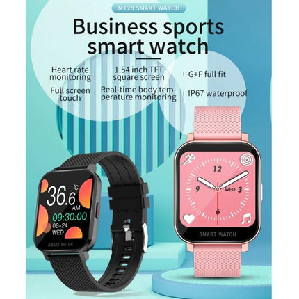 Smart Watch for Everyday Health and Activity Tracking showing black and pink models with heart rate, steps, and notification features