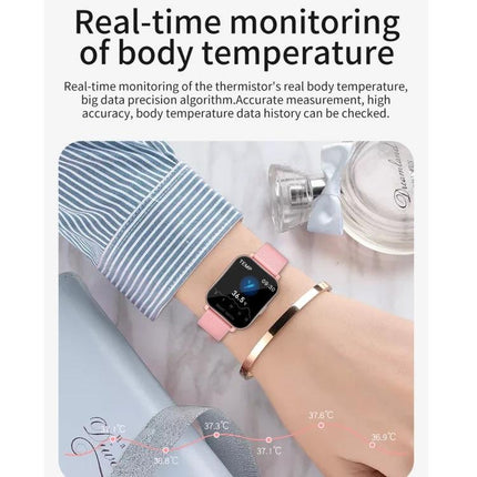 Smart Watch for Everyday Health and Activity Tracking - pink strap smartwatch showing heart rate and body temperature monitoring on wrist