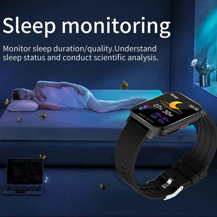 Smart Watch for Everyday Health and Activity Tracking showing sleep monitoring screen with black strap and bedroom scene
