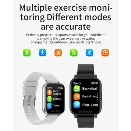 Smart Watch for Everyday Health and Activity Tracking showing multiple sport modes, step and heart rate icons, call notifications on black and silver watches