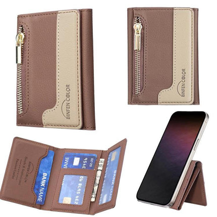 Horizontal Leather Magnetic Card Wallet for Credit Cards and IDs - brown slim magnetic phone card holder with zipper pocket and multiple card slots