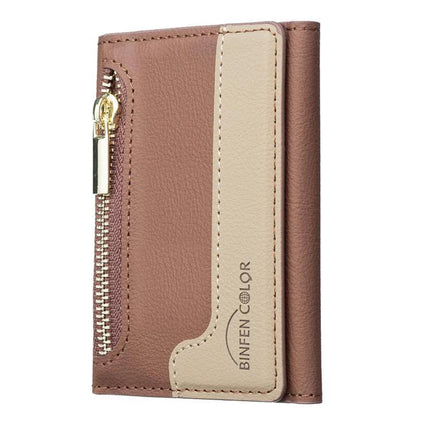 Horizontal Leather Magnetic Card Wallet for Credit Cards and IDs - brown compact phone wallet with zipper pocket and beige accent