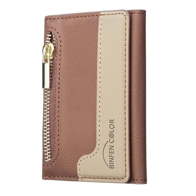 Horizontal Leather Magnetic Card Wallet for Credit Cards and IDs - brown compact phone wallet with zipper pocket and beige accent