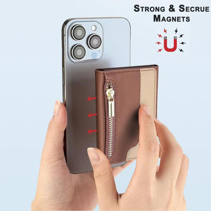 Horizontal Leather Magnetic Card Wallet for Credit Cards and IDs attached to phone showing zipper pocket and strong secure magnets
