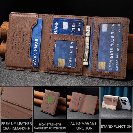 Horizontal Leather Magnetic Card Wallet for Credit Cards and IDs - brown leather phone-attach magnetic card holder showing credit cards and ID