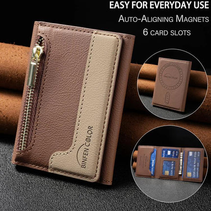 Horizontal Leather Magnetic Card Wallet for Credit Cards and IDs - brown horizontal leather magnetic card wallet with zipper pocket and 6 card slots attached to phone