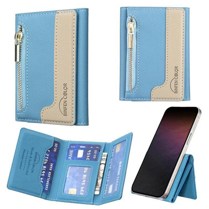 Horizontal Leather Magnetic Card Wallet for Credit Cards and IDs in blue showing zipper pocket, card slots, and attached to phone
