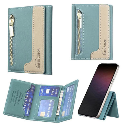 Horizontal Leather Magnetic Card Wallet for Credit Cards and IDs in teal with zipper pocket, multiple card slots, and phone attachment stand