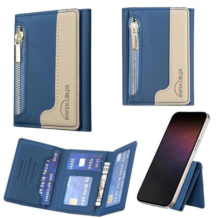 Horizontal Leather Magnetic Card Wallet for Credit Cards and IDs - slim blue beige leather card wallet attaches to phone with zipper pocket