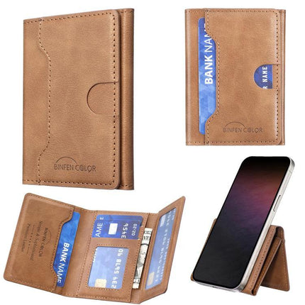 Horizontal Magnetic Leather Wallet for Cards and IDs - brown PU leather card and ID holder with magnetic closure attaching to phone, slim travel wallet