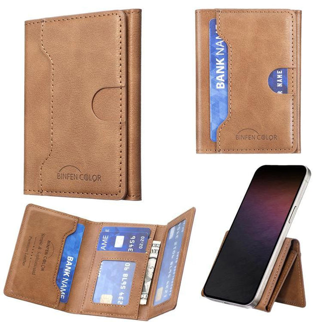 Horizontal Magnetic Leather Wallet for Cards and IDs - brown PU leather card and ID holder with magnetic closure attaching to phone, slim travel wallet