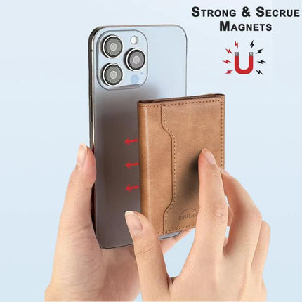 Horizontal Magnetic Leather Wallet for Cards and IDs attached to phone showing magnetic closure and card storage, brown PU leather