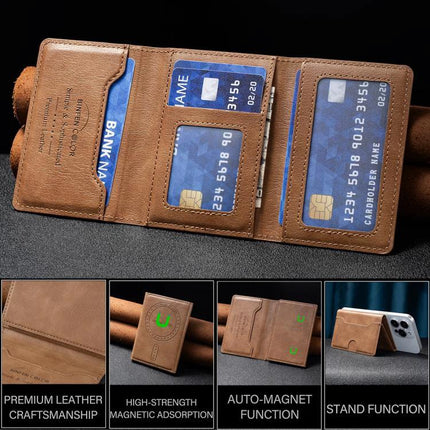Horizontal Magnetic Leather Wallet for Cards and IDs, brown PU leather trifold with magnetic closure holding credit cards and ID windows