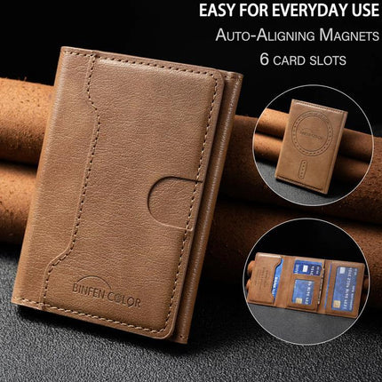 Horizontal Magnetic Leather Wallet for Cards and IDs in brown PU leather with magnetic closure and 6 card slots, slim phone-attach design