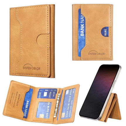 Horizontal Magnetic Leather Wallet for Cards and IDs in tan PU leather with card slots, magnetic closure, and phone attachment
