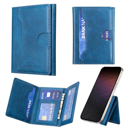 Horizontal Magnetic Leather Wallet for Cards and IDs in blue PU leather showing card slots, magnetic closure, phone attachment and ID window