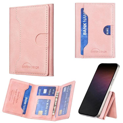 Horizontal Magnetic Leather Wallet for Cards and IDs in pink PU leather showing card slots, magnetic closure, and phone attachment