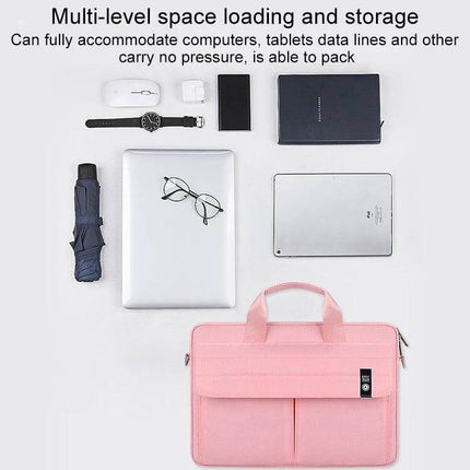Handheld Nylon Laptop Carrying Case for Up to 15.6-Inch Devices pink bag with laptop, tablet, glasses and accessories organized for travel