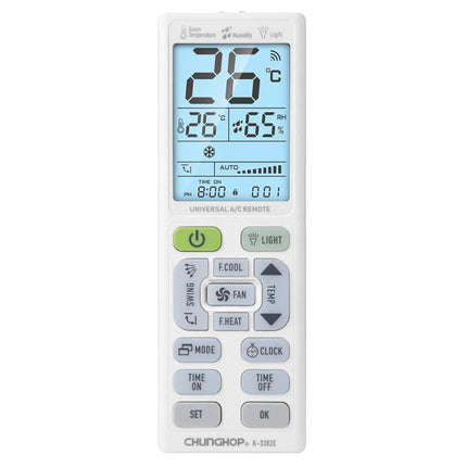 CHUNGHOP Universal Air Conditioner Remote with LCD Backlight showing temperature, humidity and control buttons on blue-lit display
