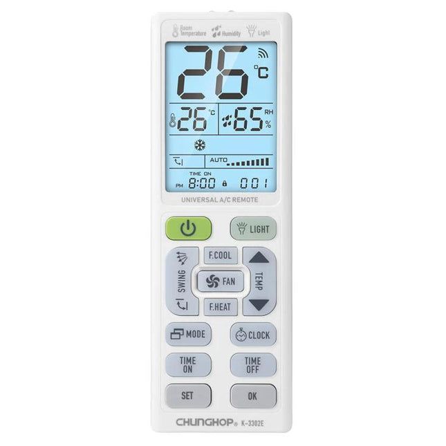 CHUNGHOP Universal Air Conditioner Remote with LCD Backlight showing temperature, humidity and control buttons on blue-lit display