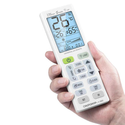 CHUNGHOP Universal Air Conditioner Remote with LCD Backlight held in hand showing large LCD temperature and humidity display