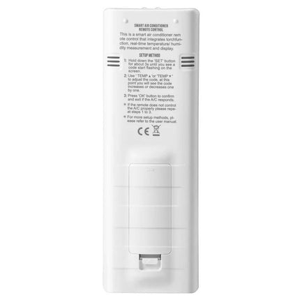 CHUNGHOP Universal Air Conditioner Remote with LCD Backlight - back view showing battery compartment and instruction text