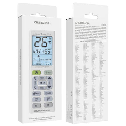CHUNGHOP Universal Air Conditioner Remote with LCD Backlight displayed in retail packaging showing LCD screen and buttons
