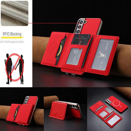 Practical Magnetic Phone Case For Everyday Card Storage in red faux leather with RFID-blocking tri-fold wallet holding six cards