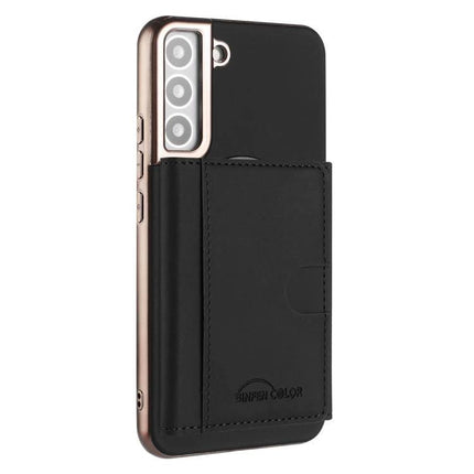 Magnetic Phone Case With Card Storage For Daily Use shown in black with fold-out stand and card slots for ID and credit cards