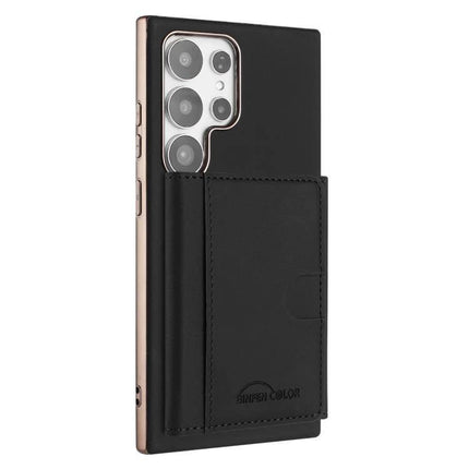 Magnetic Phone Case With Card Storage For Daily Use in black showing built-in card slots and fold-out stand for everyday carry