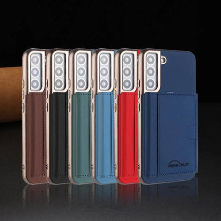 Magnetic Phone Case With Card Storage For Daily Use showing multiple leather-color options with built-in card slots and fold-out stand