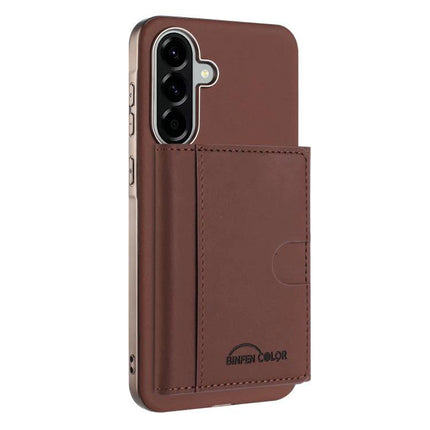 Solid Color Magnetic Card Holder With RFID Shield For Samsung Galaxy S24 MagSafe brown faux leather wallet case with 6 card slots and kickstand