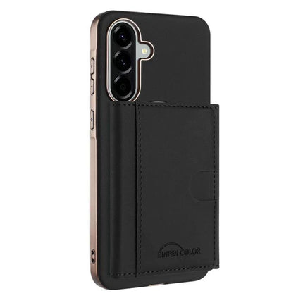 Solid Color Magnetic Card Holder With RFID Shield For Samsung Galaxy S24 MagSafe black faux leather wallet case with magnetic card slots and built-in stand