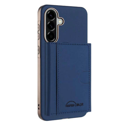 Solid Color Magnetic Card Holder With RFID Shield For Samsung Galaxy S24 MagSafe in navy faux leather with 6 card slots and built-in stand