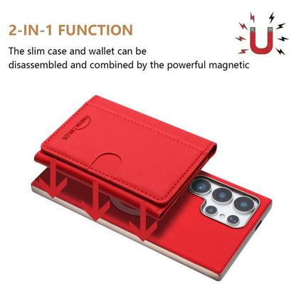 Solid Color Magnetic Card Holder With RFID Shield For Samsung Galaxy S24 MagSafe red magnetic card holder wallet attached to phone with six slots and built-in stand