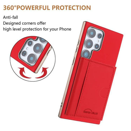 Solid Color Magnetic Card Holder With RFID Shield For Samsung Galaxy S24 MagSafe - red faux leather wallet case with 6 card slots and kickstand