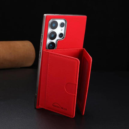 Solid Color Magnetic Card Holder With RFID Shield For Samsung Galaxy S24 MagSafe red faux leather wallet case with magnetic closure, 6 card slots and kickstand