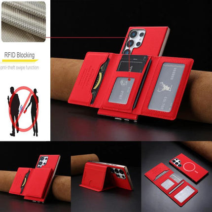Solid Color Magnetic Card Holder With RFID Shield For Samsung Galaxy S24 MagSafe - red faux leather wallet case with 6 card slots, RFID shield and kickstand