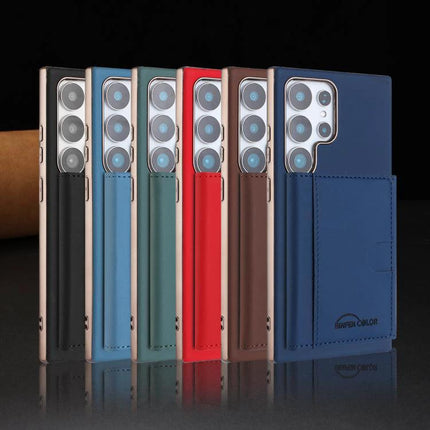 Solid Color Magnetic Card Holder With RFID Shield For Samsung Galaxy S24 MagSafe in multiple faux leather colors with built-in stand and six card slots
